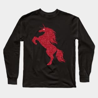 Red Faux Glitter Magical Rearing Unicorn Long Sleeve T-Shirt